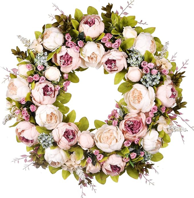Front Door Wreath, 22 Inch Spring Wreath Handmade Peony Rose Door Summer Wreaths for Outdoor Fron... | Amazon (US)