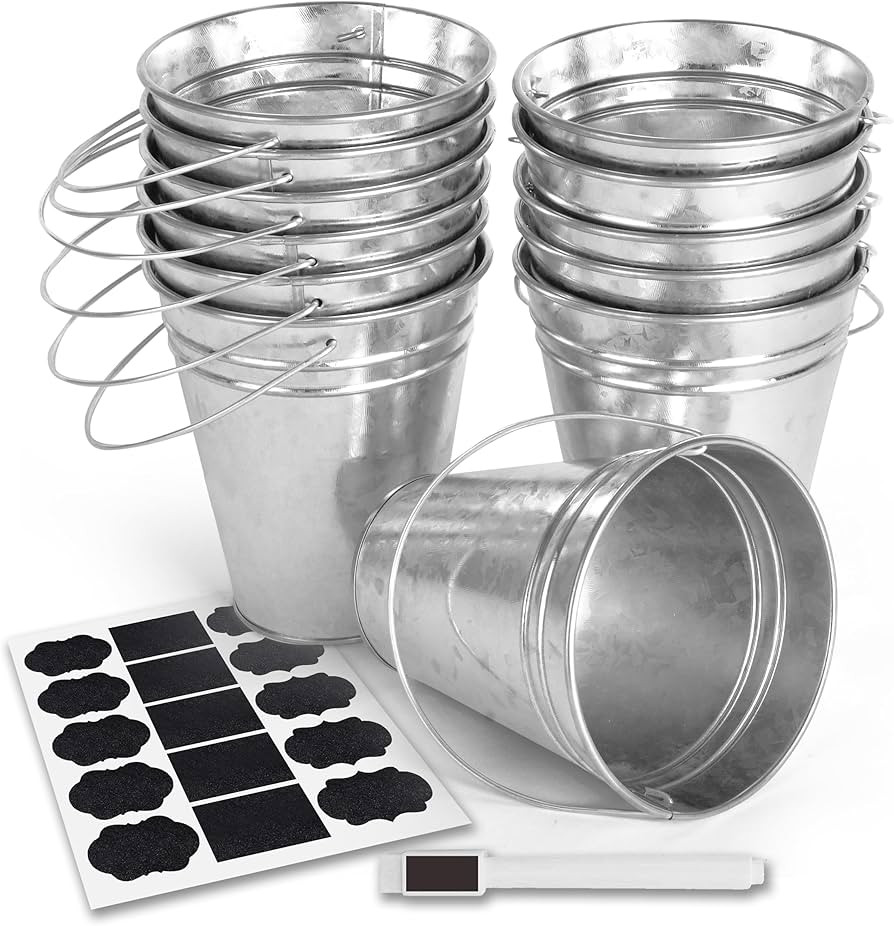 Galvanized Metal Bucket with Handle 12 Pcs- Metal Buckets for Party, Tin Buckets with erasable St... | Amazon (US)