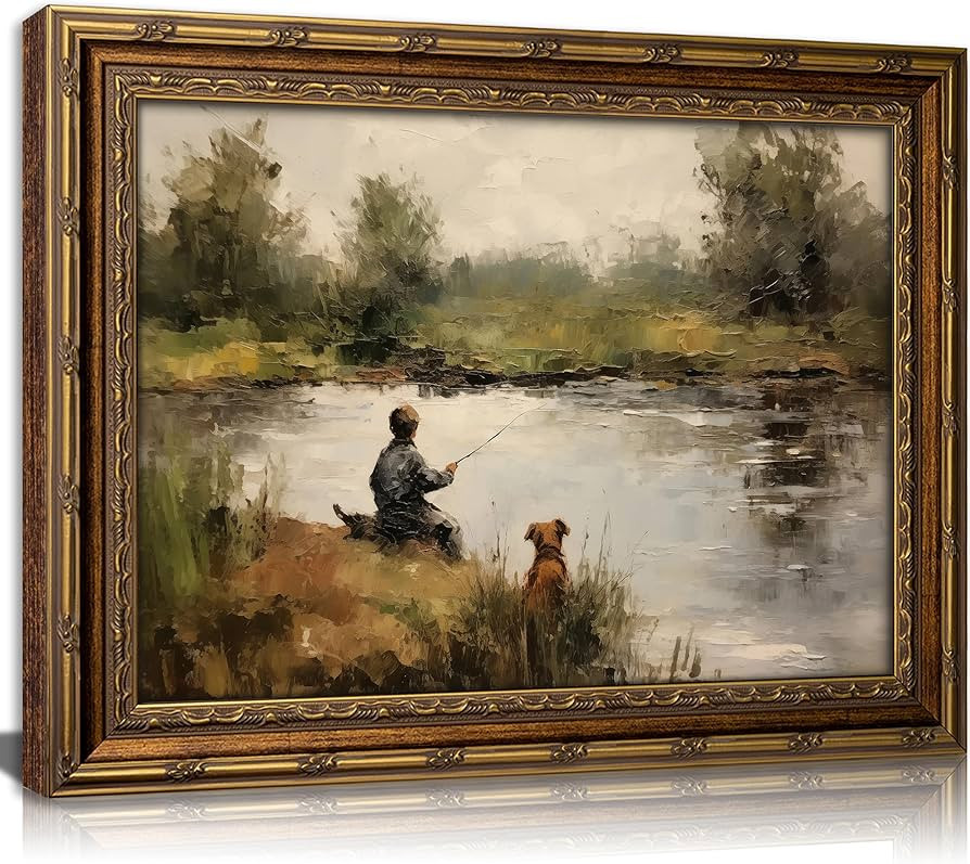 Vintage Gold Framed Wall Art Boy Fishing Country Oil Painting Canvas Prints Peaceful Lake Landsca... | Amazon (US)