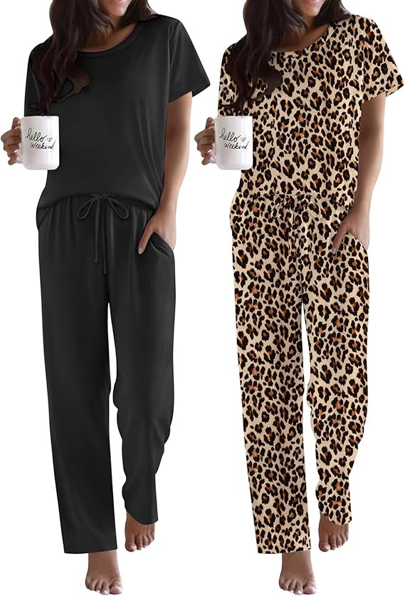 Ekouaer 2 Pack Pajamas for Women Set Short Sleeve Sleepwear Top and Pants Pjs Soft Printed Lounge... | Amazon (US)