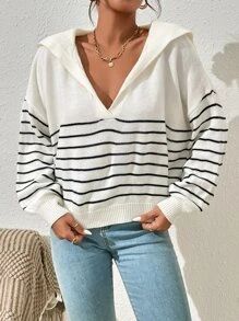 SHEIN Stripe Pattern Sailor Collar Drop Shoulder Sweater
   SKU: sw2205250492944666      
       ... | SHEIN