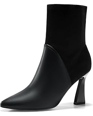 Coutgo Women's Pointed Toe High Heel Ankle Boots Patent Faux Leather Suede Splicing Slip On Fashi... | Amazon (US)