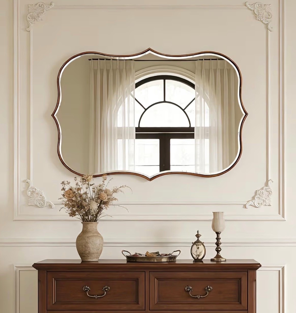 Antique Gold Mirrors for Wall Decor Decorative Wall Mirror Large 25" L x 36" W, Asymmetrical Wavy Accent Mirror with Scalloped Wood Frame, Bronze Farmhouse Traditional Mirror

#LTKHome