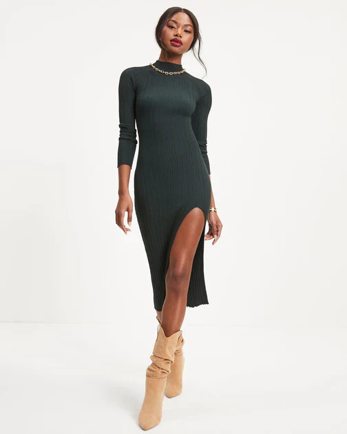 Thankful Soul Ribbed Mock Neck Midi Dress - Pine | VICI