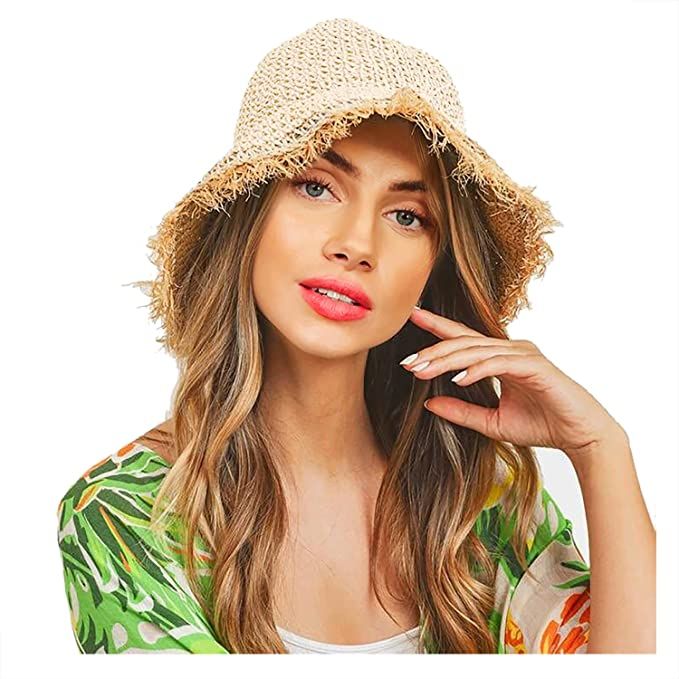 boderier Womens Straw Hat Beach Sun Hat Frayed Crochet Foldable Straw Bucket Hat Summer Floppy Be... | Amazon (US)