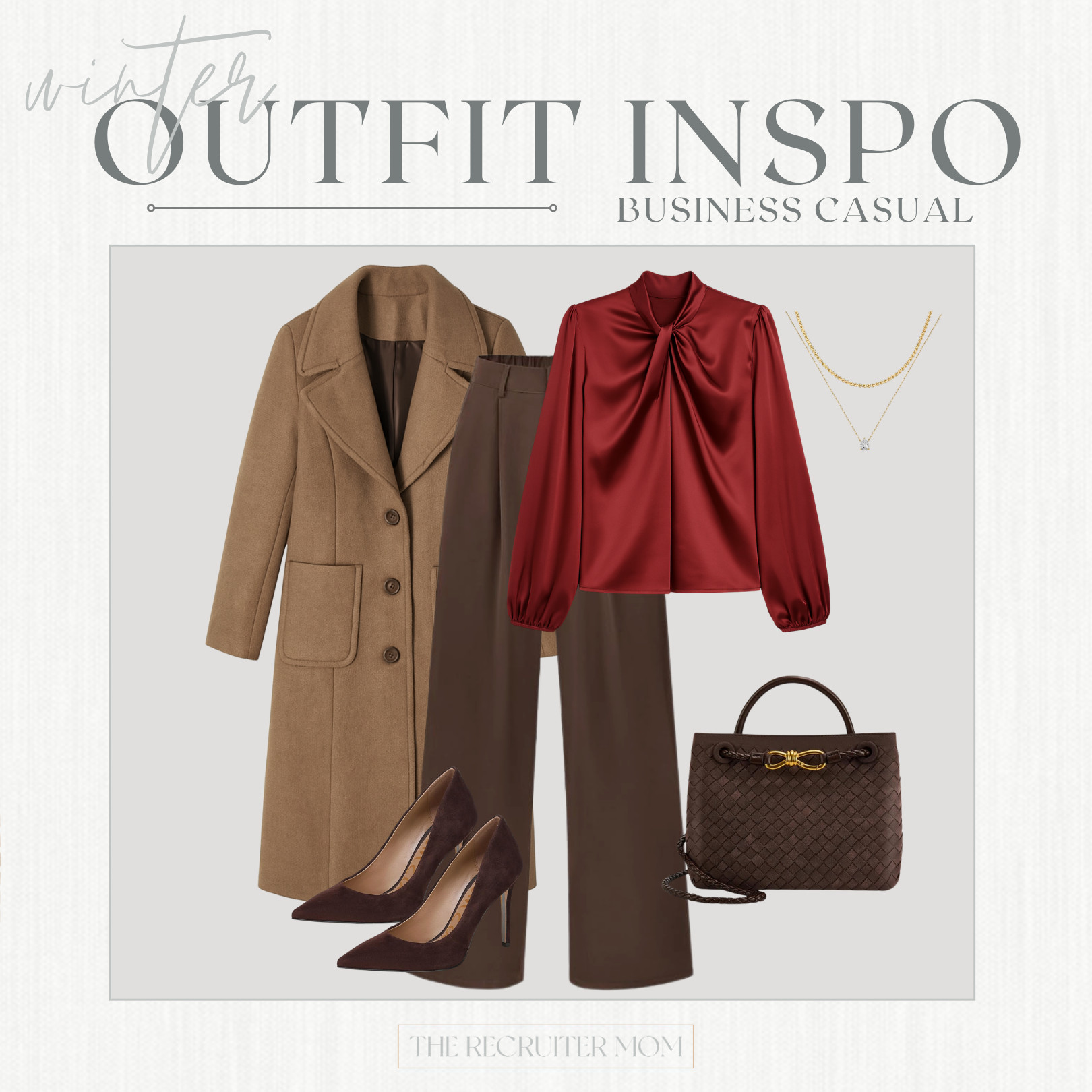 Winter workwear: satin drape top, tailored brown pants, camel wool coat.
#workstyle #winterfashion 

 

#LTKSeasonal #LTKMidsize #LTKWorkwear