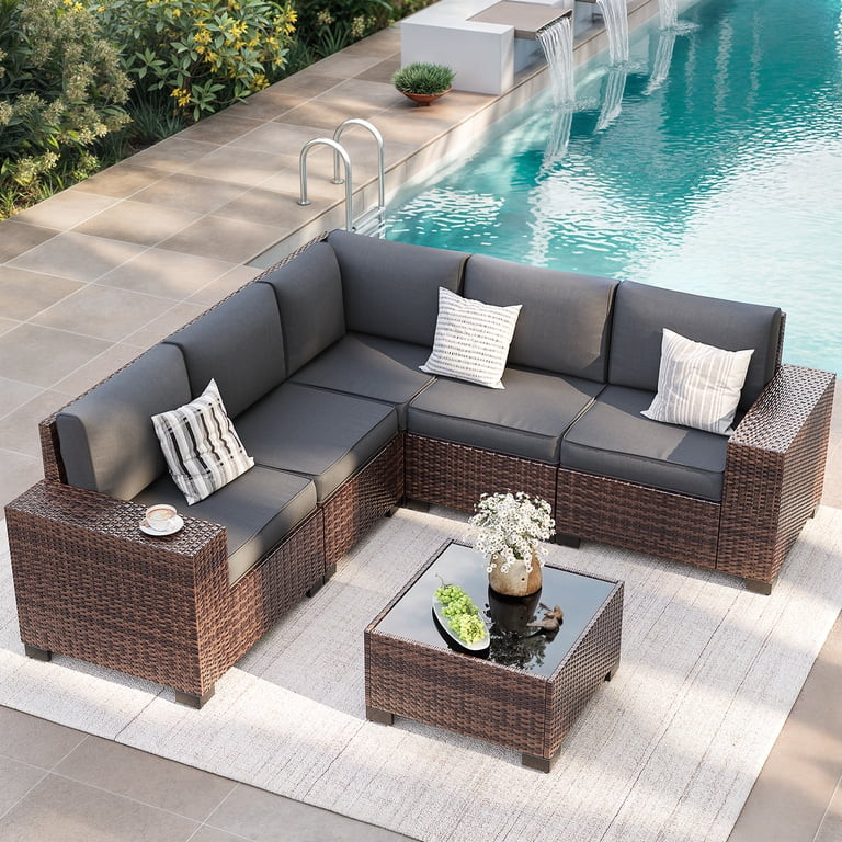 ELPOSUN Outdoor Sectional Furniture Set 6-Piece Brown Rattan Wicker Conversation Sofa Set with Gl... | Walmart (US)