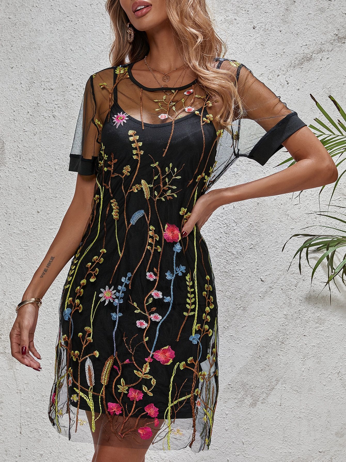 Floral Embroidery Contrast Mesh Dress | SHEIN