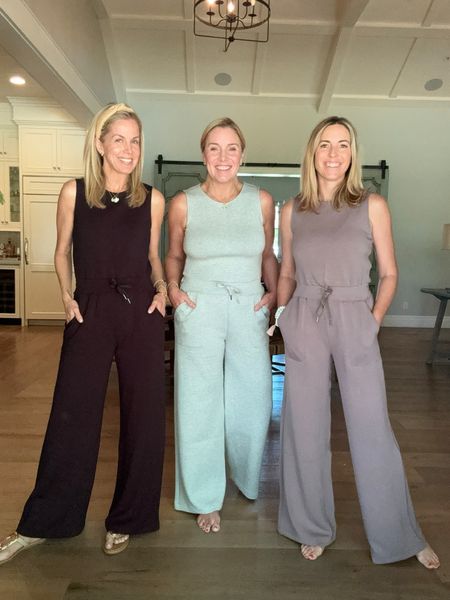 We tried the Spanx wide-leg jumpsuit and all 3 of us loved! The fabric is incredibly soft, has a tie waist band, wide legs and pockets. Runs true to size. Gretchen (left) in a small, Allison (middle) in a medium, and Laura (right) in a small. 

P.S. this jumpsuit has a keyhole button in the back for easy pull down access to go to restroom! 💪🏼

#LTKActive #LTKOver40 #LTKTravel