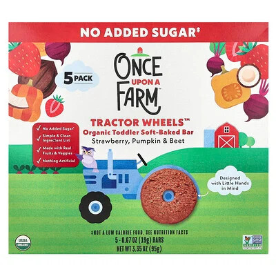 Once Upon A Farm, Tractor Wheels™, Organic Toddler Soft-Baked Bar, Strawberry, Pumpkin & Beet, 5 Bars, 0.67 oz (19 g) Each | iHerb