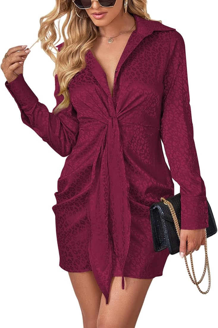 LYANER Women's Leopard Satin Deep Collar V Neck Tie Front Long Sleeve Mini Party Dress | Amazon (US)