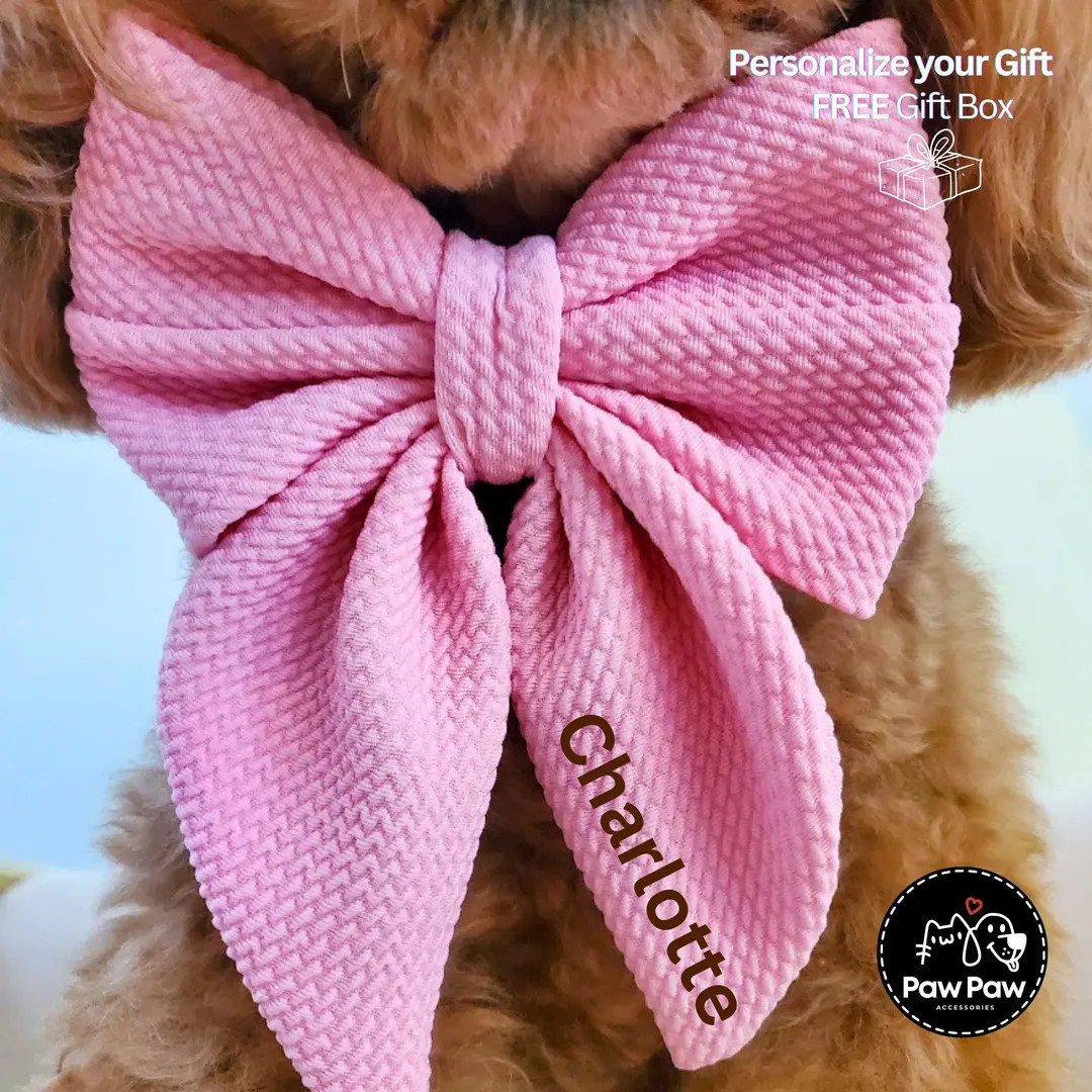 Pink Dog Bow W/ Embroidery, Personalized Bullet Collar Bow, Dog Sailor Bow, Dog Bowtie, Bow for D... | Etsy (US)