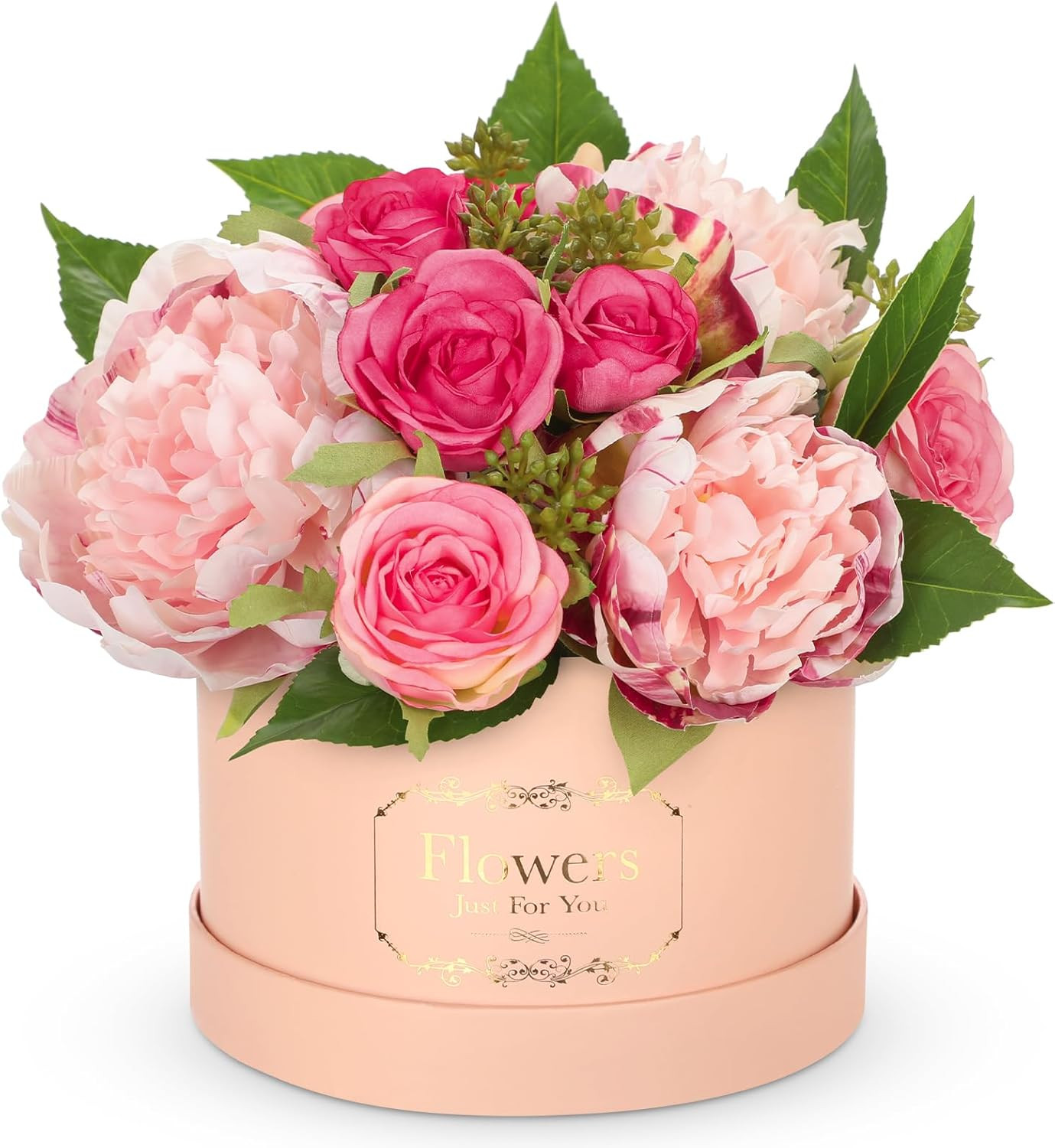 Hollyone Pink Peonies Roses Artificial Flowers in Vase Round Gift Boxes with Fake Flowers Arrange... | Amazon (US)