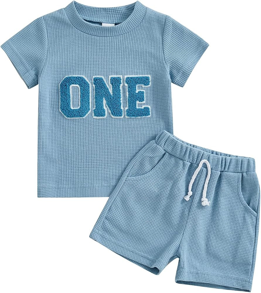 Lamuusaa Toddler Baby Boy Birthday Outfit One/Two Letter Embroidery T-shirt Jogger Shorts Waffle ... | Amazon (US)