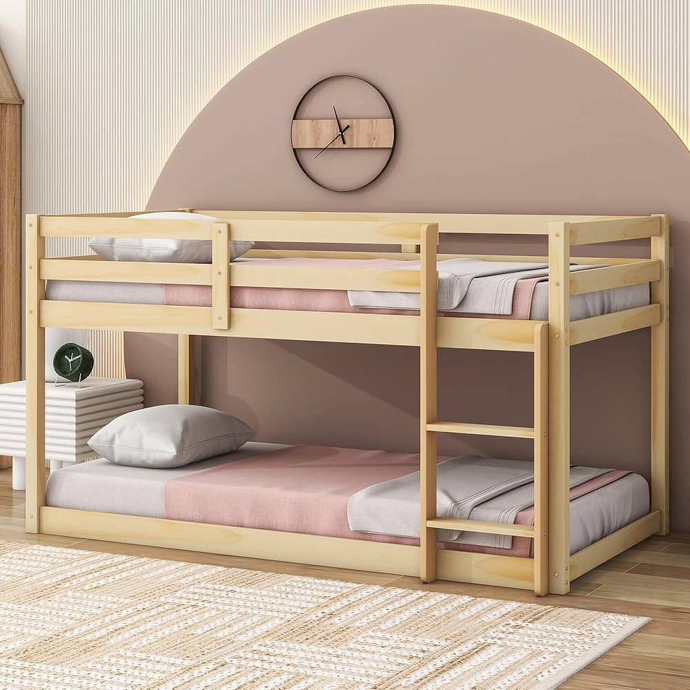 Bunk Bed Twin Over Twin, Wood Low Profile Floor Twin Bunk Beds with Ladder Guardrails for Kids Bo... | Amazon (US)
