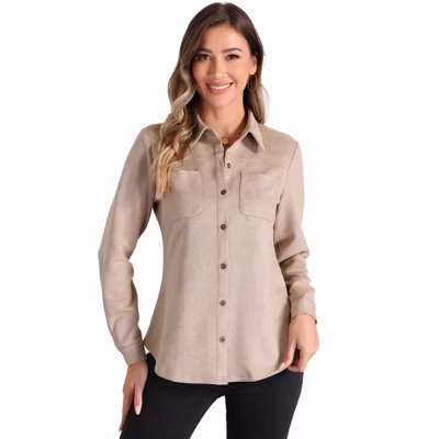Allegra K Women's Faux Suede Stretch Casual Button Down Long Sleeve Shirt Medium Beige | Target