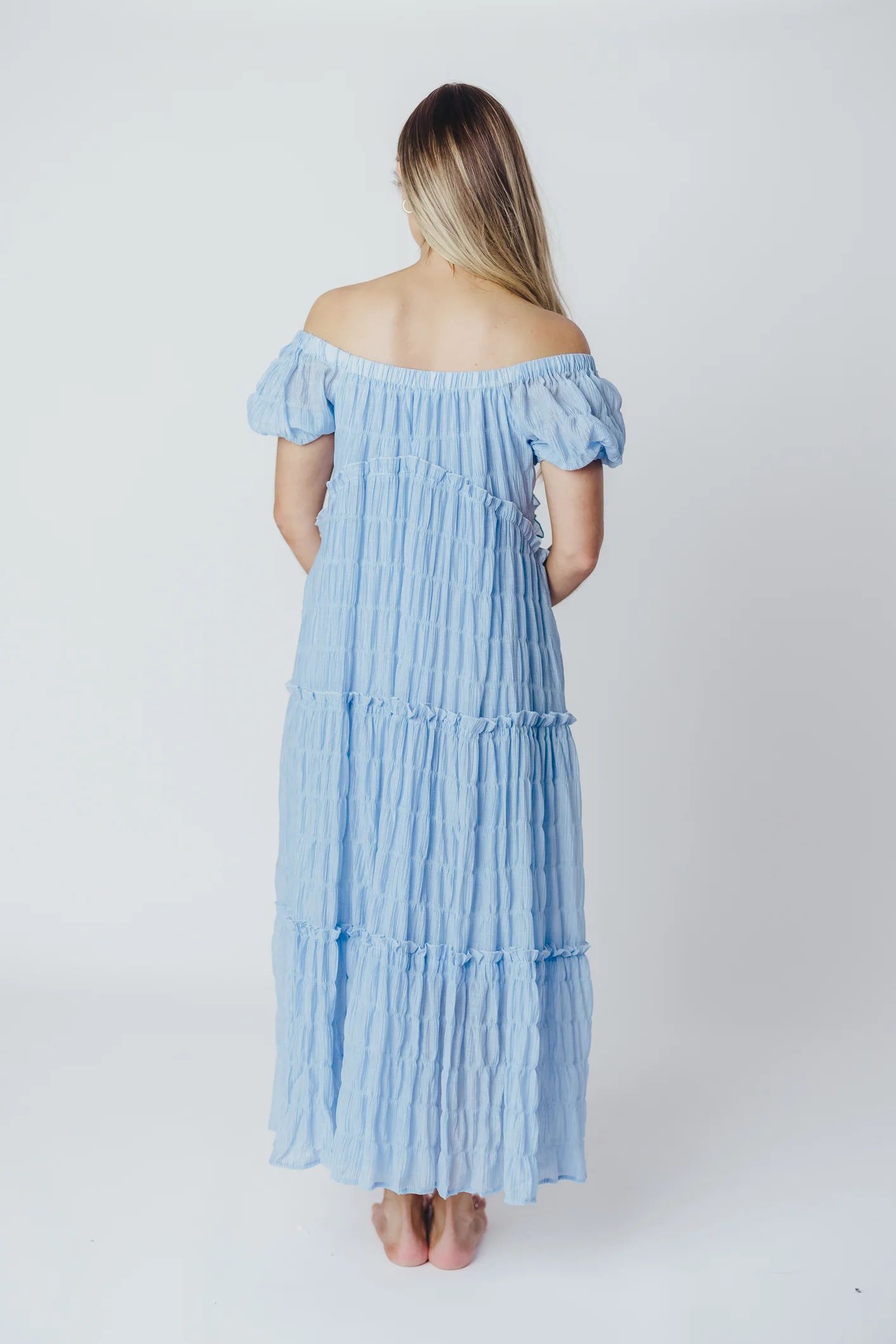 Kendall On and Off the Shoulder Maxi Dress with Ruffled Tiers in Blue | Worth Collective