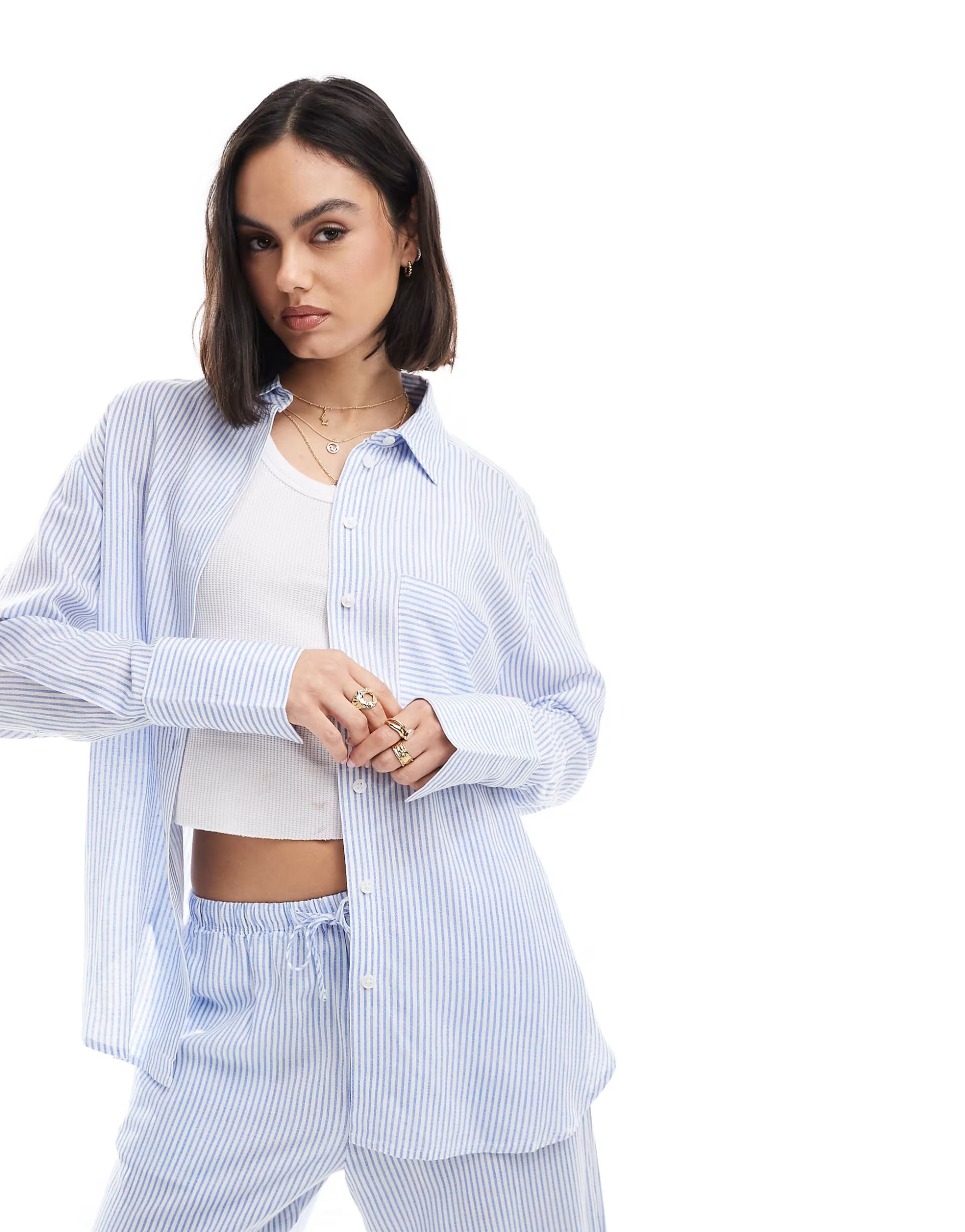 Bershka oversized shirt and pants set in light blue pinstripe | ASOS (Global)