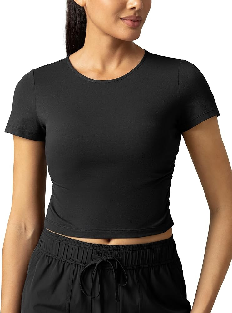 Colorfulkoala Workout Crop Tops for Women Short Sleeve Slim Fitted Basic Tees Crew Neck Ruched Ca... | Amazon (US)