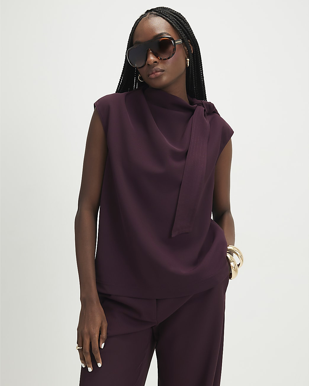 Purple Asymmetric Tie Neck Top | River Island UK & IE