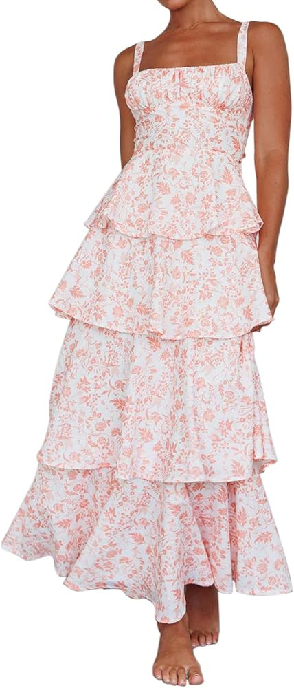 ABYOVRT Women Floral Maxi Dress Sleeveless Bow Back Tiered Boho Flowy Long Dresses Summer Fall | Amazon (US)