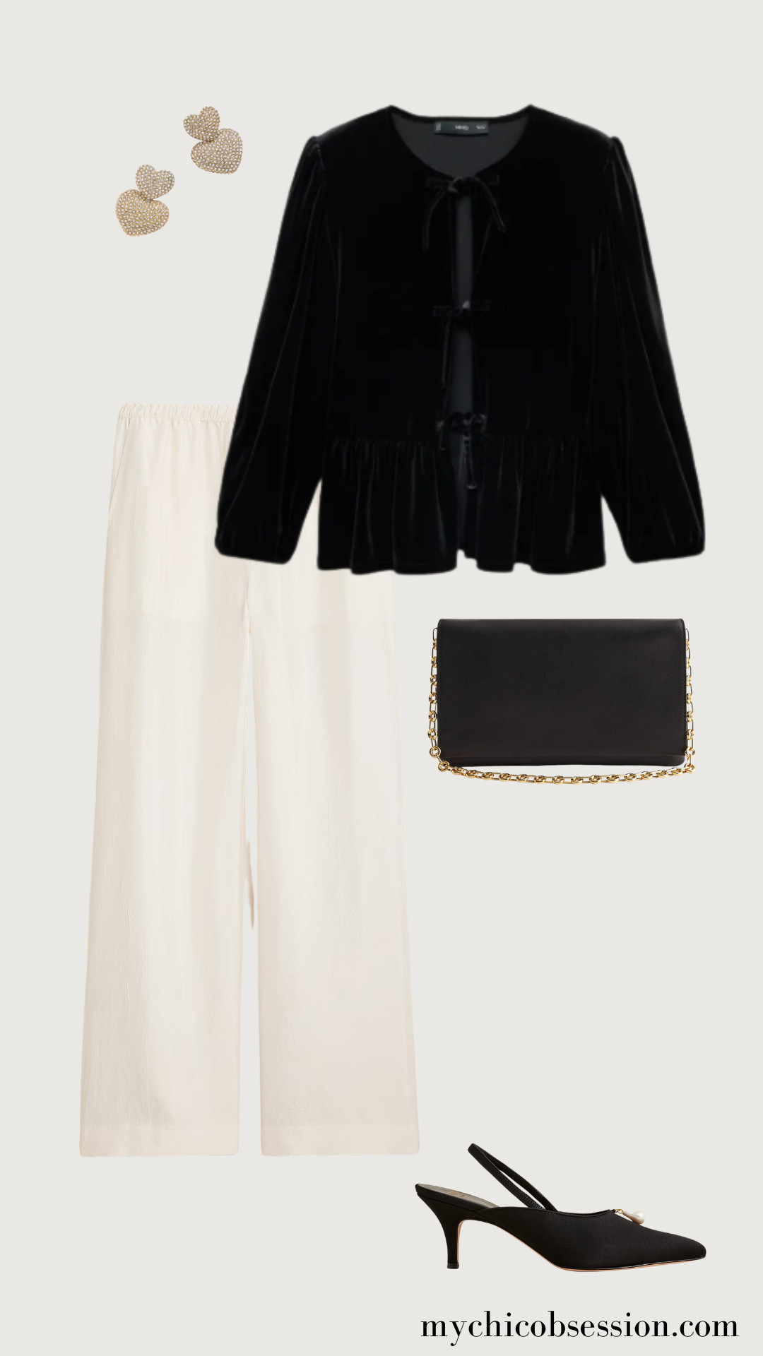 Here’s another one on our list of Valentine’s Day outfits for my fellow neutral lovers. You can never go wrong with a classic black-and-white look for date night, especially if you’re being treated to (or treating yourself to!) somewhere nice.

Start with a velvet shirt that features bow tie closures down the front. Next, add J.Crew's Stratus pants. Pave heart earrings, a clutch bag and slingback heels complete the look. 

 #LTKSeasonal #LTKStyleTip #LTKShoeCrush