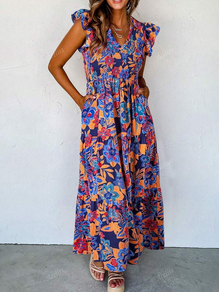Acelitt Floral Print Ruffle Trim V-Neck Sleeveless Dress, Summer | SHEIN