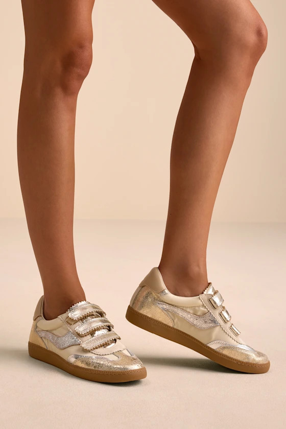 Notice Silver and Gold Distressed Leather Velcro Sneakers | Lulus