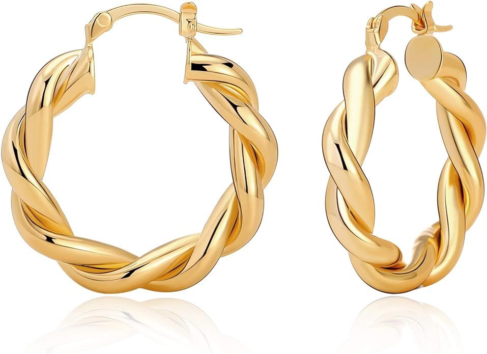 Twisted Gold Hoop Earrings for Women, Thick Chunky Hoops Hypoallergenic Vintage Twist Earings Big | Amazon (US)