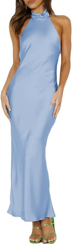 Phicia Sexy Satin Halter Neck Backless Maxi Dress for Women Elegant Tie Cowl Back Formal Wedding ... | Amazon (US)