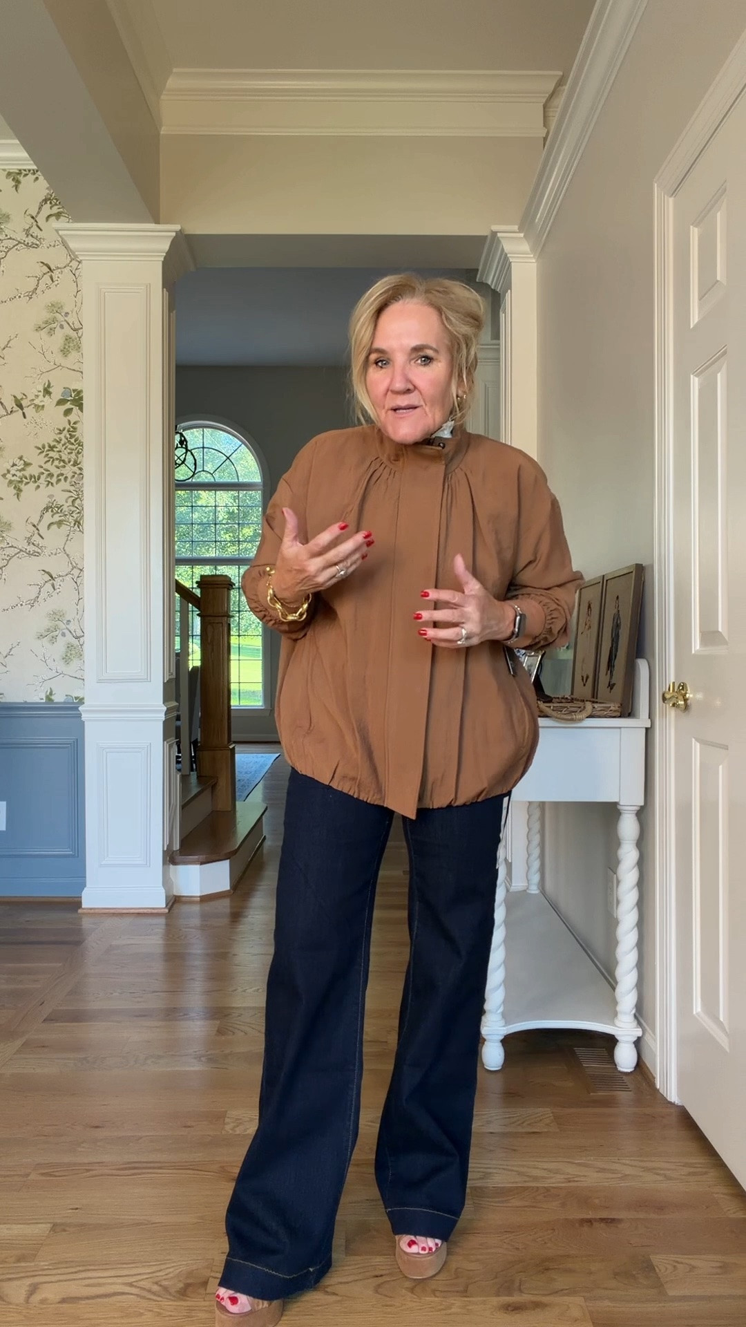 Funnel Neck jacket size medium
Jeans are true to size but they’re very long and right now there’s not a petite available. I’m wearing an eight.
Low size medium it’s excellent. It’s worth getting a couple in both this solid ivory and the plaid and the floral.

#LTKOver40 #LTKSeasonal #LTKWorkwear