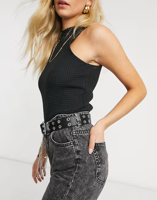 ASOS DESIGN wide waist and hip eyelet jeans belt with chain detail in black | ASOS (Global)