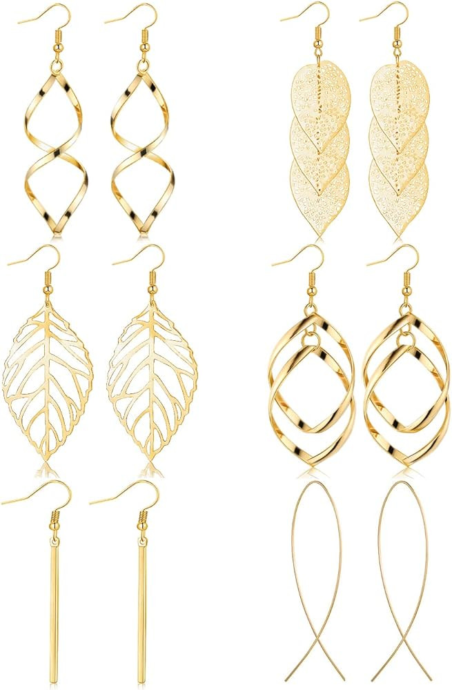 FUNEIA 6 Pairs Drop Dangle Earrings for Women Long Bar Double Twist Wave Curved Threader Cut Out ... | Amazon (US)