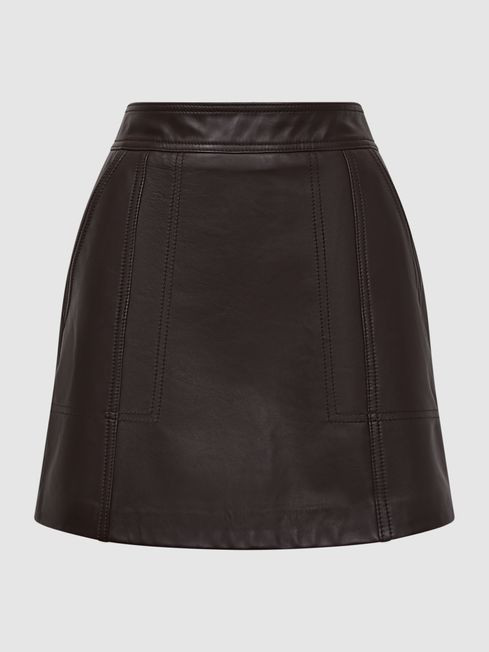 Edie Chocolate Leather High Rise Mini Skirt | Reiss US