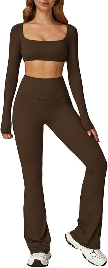 ABOCIW Workout Sets for Women 2 Piece Square Neck Long Sleeve Crop Tops High Waist Flared Legging... | Amazon (US)