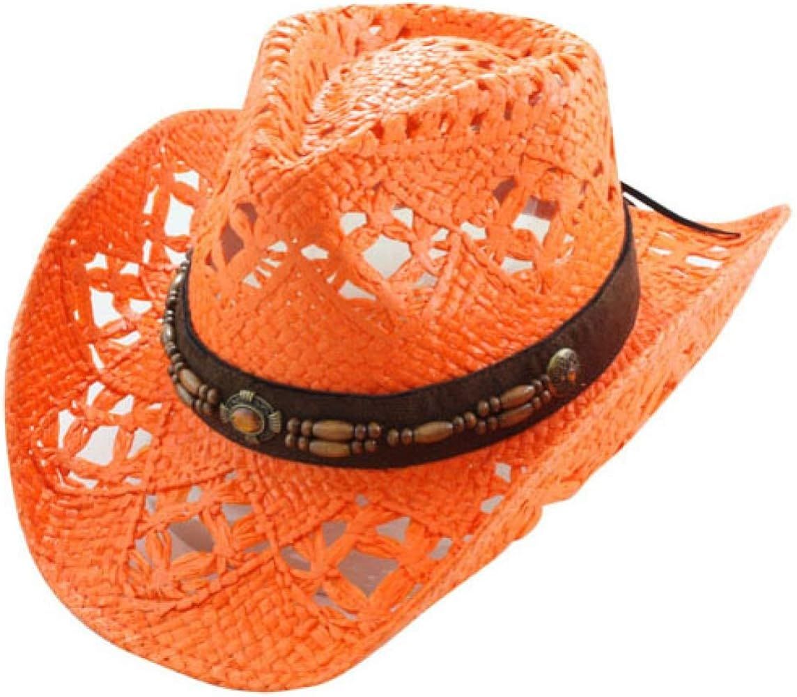 Vamuss Straw Cowboy Hat W/Vegan Leather Band & Beads, Shapeable Brim, Beach Cowgirl | Amazon (US)