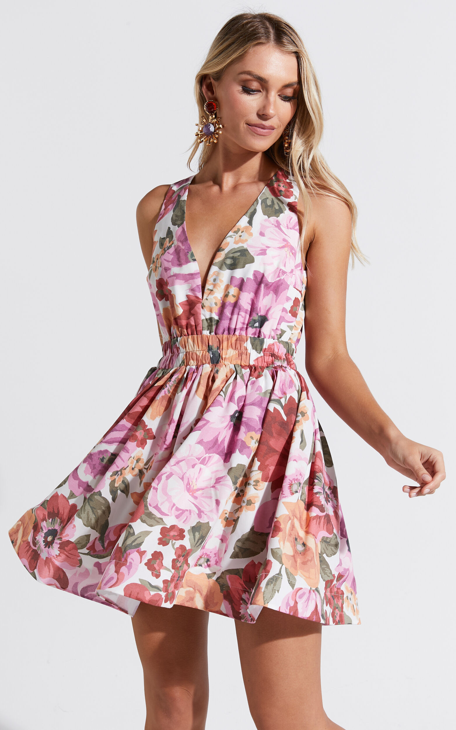 Hepburn Mini Dress - V Neck Tie Back Dress in Spring Floral | Showpo (US, UK & Europe)