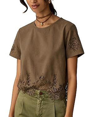 Women's Cropped Lace Tops Short Sleeve Crew Neck Blouse Lace Trim Casual Loose Summer T Shirt | Amazon (US)