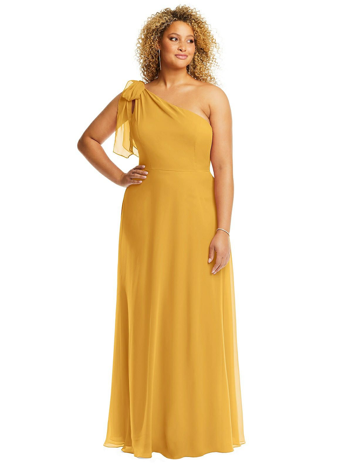 Draped One-Shoulder Maxi Dress with Scarf Bow | The Dessy Group