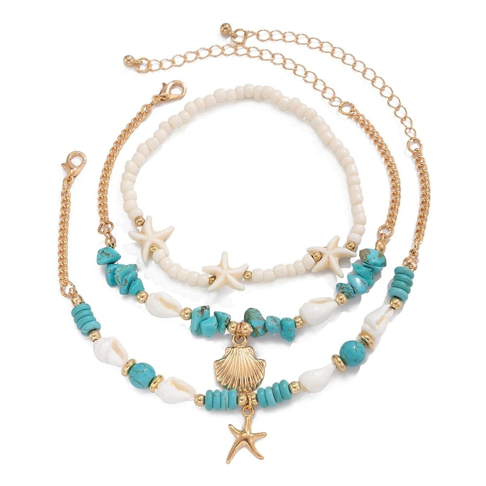 3Pcs Summer Beach Seashell Anklets for Women Starfish Shell Turquoise Beads Ankle Bracelets Adjus... | Amazon (US)