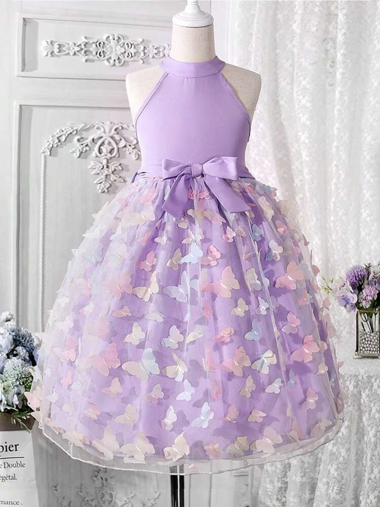 SHEIN Glamorique Kids Tween Girl Butterfly Appliques Mesh Hem Halter Dress | SHEIN