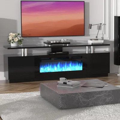70 Inch Fireplace TV Stand with 36" Electric Fireplace, 12 Flame Colors, 62-82°F Adjustable Temperature, Remote, Timer, High Gloss 2 Tier Entertainmen | Wayfair North America