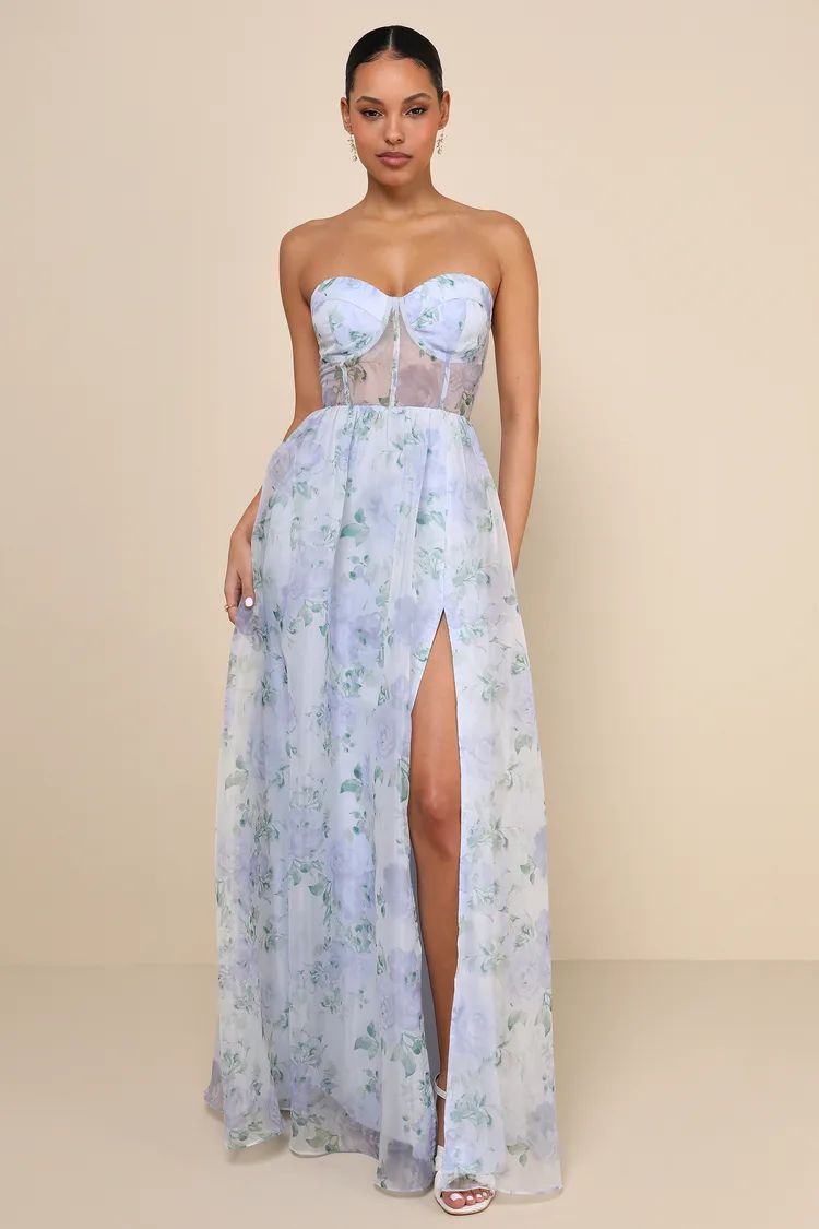 Charming Sweetness Periwinkle Floral Organza Bustier Maxi Dress | Lulus