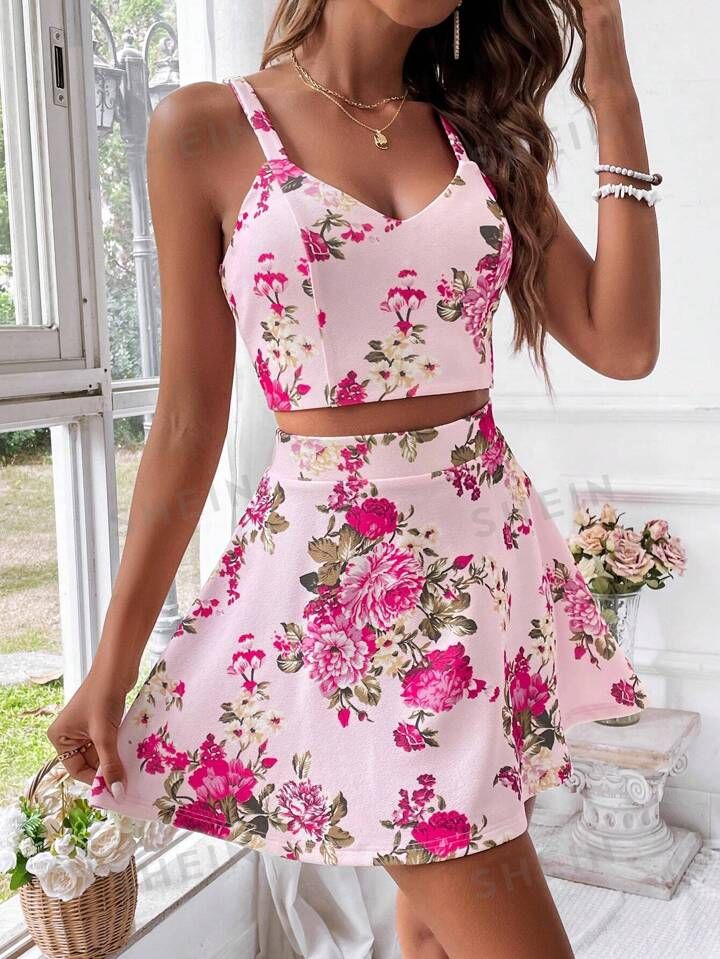 SHEIN VCAY Floral Printed Crop Cami Top And Skirt Vacation 2 Piece Set | SHEIN