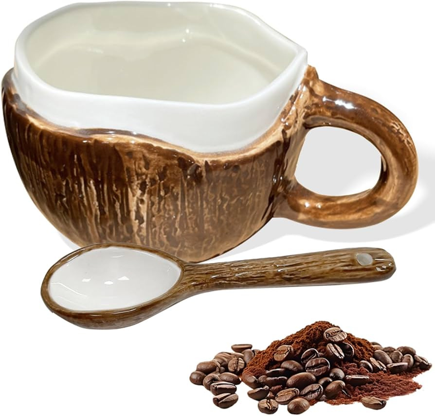 Coconut Shaped Ceramic Mug with Spoon, 10 oz Coffee Cup for Tea, Oatmeal, Hot Chocolate, Fun Gift... | Amazon (US)