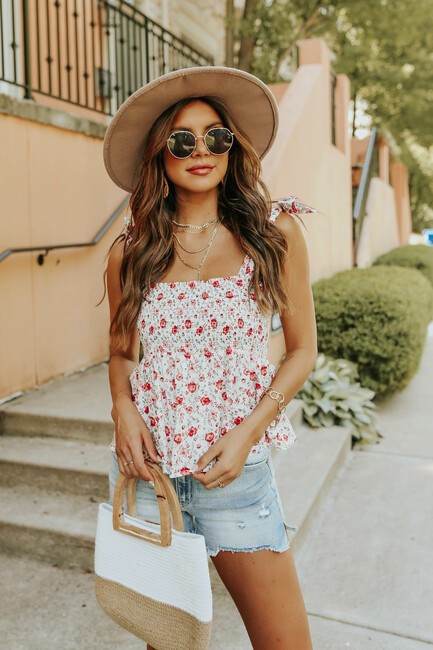 Tie Strap Smocked Floral Dotted Top - FINAL SALE | Magnolia Boutique