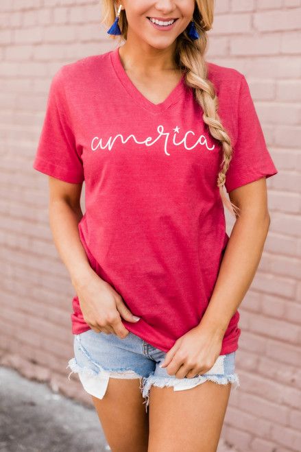 America Cursive Graphic V-Neck Heather Red | The Pink Lily Boutique
