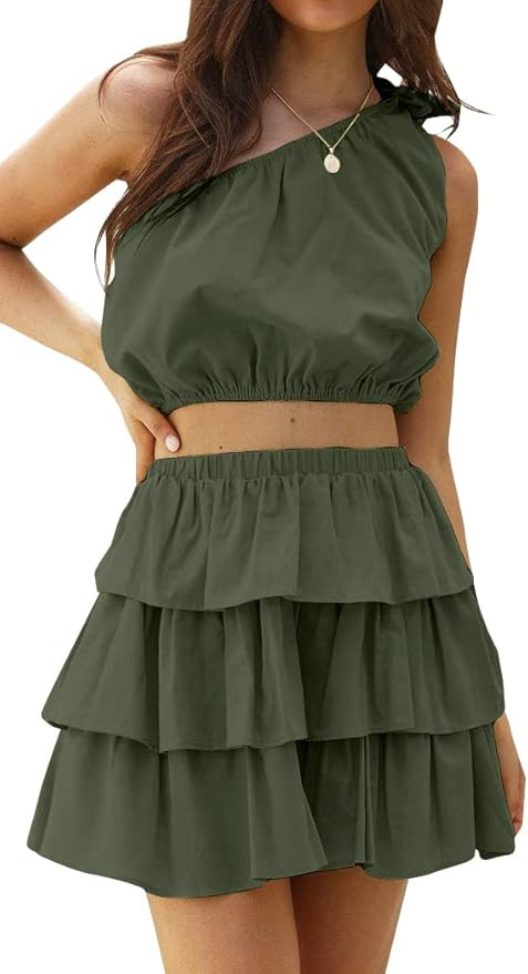 SySea Women's 2 Pieces Outfits Sexy Set Skirts One Shoulder Crop Top Ruffle Solid Mini Skirt | Amazon (US)