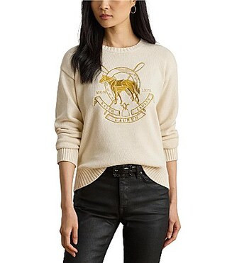 Lauren Ralph Lauren Petite Size Embroidered Horse Motif Crew Neck Long Sleeve Knit Sweater - PS | Dillard's