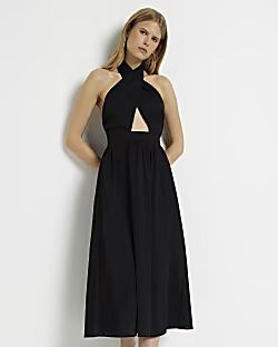 Black linen halter neck midi dress | River Island (UK & IE)